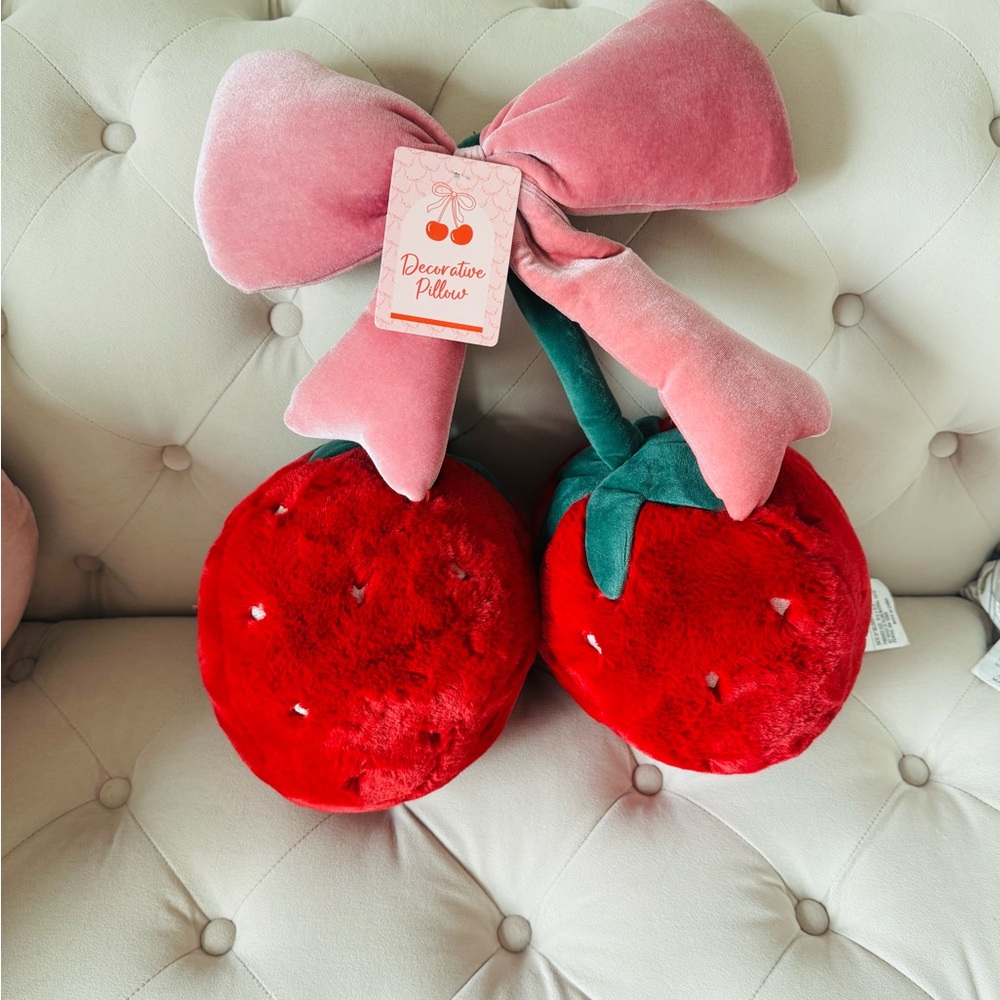 Strawberry Plush  Decorative Pillow with Pink Bow Stem NWT